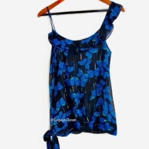 Forever 21 Tank M One Shoulder Ruffle Trim Butterfly Print Sheer Side Bow Tie - Picture 4 of 8